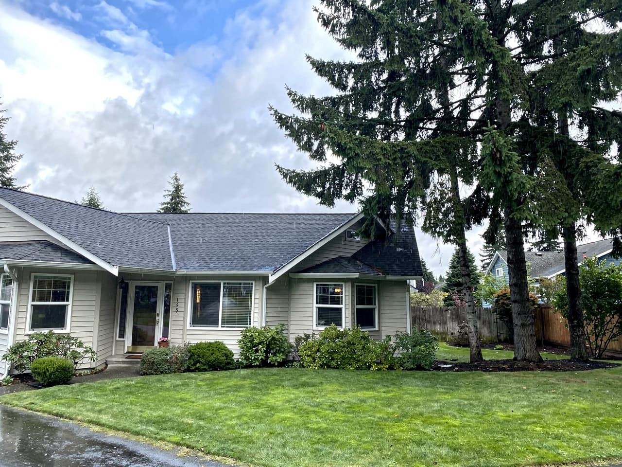 A freshly soft-washed roof free of moss with clean, clear gutters