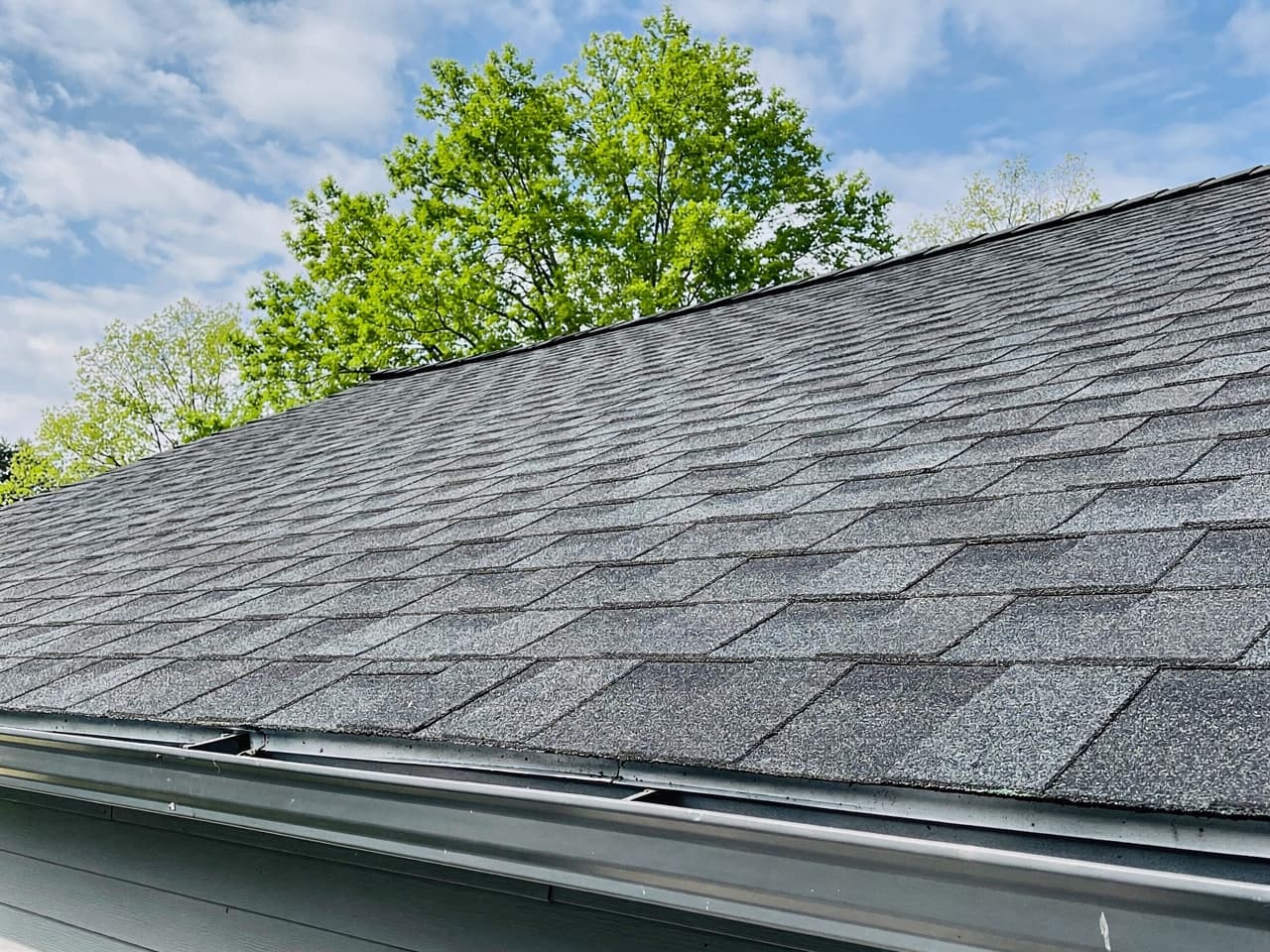 A clean asphalt shingle roof with clear gutters after a careful Brisk soft wash